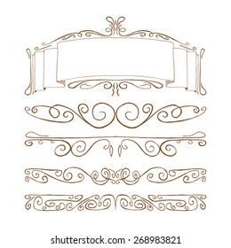 Hand drawn decorative borders vector set. Doodle Web Design Elements (filled with white)