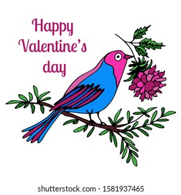 Hand drawn decorative bright birds with flower on white. A bird sits on a branch and holds a flower in its beak. Vector background with cute birds for cards, design, fabric, textile. Greeting card.