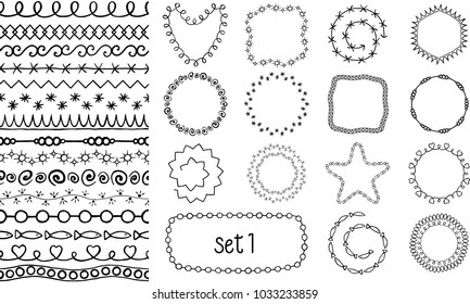 Hand drawn decorative brushes set. Dividers or borders, ornaments collection. Vector illustration.