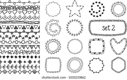 Hand drawn decorative brushes set. Dividers or borders, ornaments collection. Vector illustration.