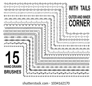 Hand drawn decorative brushes set with outer and inner corner, with tails. Dividers or borders, ornaments collection. Vector illustration.