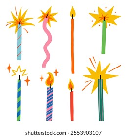 Hand drawn decorative candle various shapes. A collection of 8 unique hand drawn decorative candles featuring creative flames, patterns, and shapes, ideal for celebrations and artistic projects