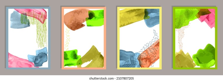 Hand drawn decorative canvas vector set. Watercolor blots texture. Japanese style design. Stylish office poster layouts. Doodle elements.