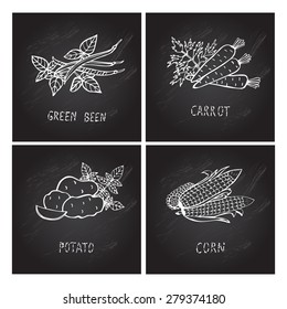 Hand drawn decorative carrot, been, potato and corn, design elements. Can be used for cards, invitations, gift wrap, print, scrapbooking. Kitchen theme. Chalkboard background. Sketch