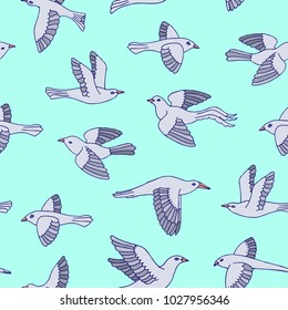 Hand drawn decorative cartoon birds seamless pattern. Beautiful animal vector illustration