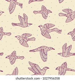 Hand drawn decorative cartoon birds seamless pattern. Beautiful ink animal vector illustration in linocut style on white background
