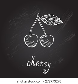 Hand drawn decorative cherry fruits, design elements. Can be used for cards, invitations, gift wrap, print, scrapbooking. Kitchen theme. Chalkboard background. Sketch