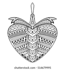 Hand Drawn decorative Christmas Ball in shape of Heart with bow. Vector illustration in zentangle style. Sketch for adult anti stress coloring pages, tattoo, New Year posters and greeting cards