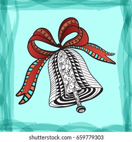 Hand Drawn decorative Christmas Bell with mistletoe and fir branches. Vector illustration in zentangle style. Sketch for adult anti stress coloring pages, tattoo, New Year posters and greeting cards