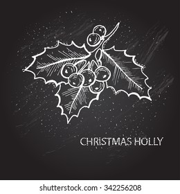 Hand drawn decorative christmas holly, design element. Can be used for cards, invitations, gift wrap, print, scrapbooking. Christmas and New Year background. Chalkboard