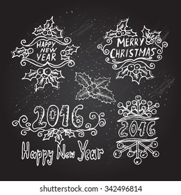 Hand drawn decorative christmas and new year banners, design elements. Can be used for cards, invitations, gift wrap, print, scrapbooking. Christmas and New Year background. Chalkboard
