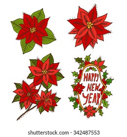 Hand drawn decorative christmas poinsettia flowers and wreath, design elements. Can be used for cards, invitations, gift wrap, print, scrapbooking. Christmas and New Year background