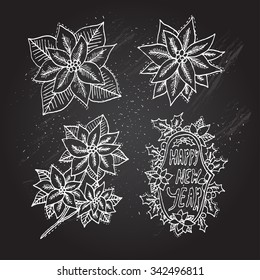Hand drawn decorative christmas poinsettia flowers set and wreath, design elements. Can be used for cards, invitations, gift wrap, print, scrapbooking. Christmas and New Year chalkboard background