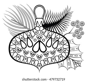 Hand Drawn Decorative Christmas tree toy. Vector illustration in zentangle style. Sketch for New Year posters and greeting cards, tattoo, adult anti stress coloring pages