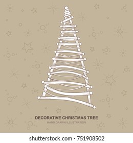 Hand drawn decorative christmas tree with stars, circles and shine on background.
New year and Christmas design theme. Color vector illustration.