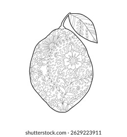 Cítricos decorativos dibujados a mano. Ilustración vectorial de limón de dibujos animados con adorno floral. Página de libro para colorear
