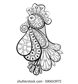 Hand Drawn Decorative Cock. Vector illustration in zentangle style. Sketch for adult anti stress coloring pages, tattoo, New Year posters and greeting cards. Symbol of New Year 2017