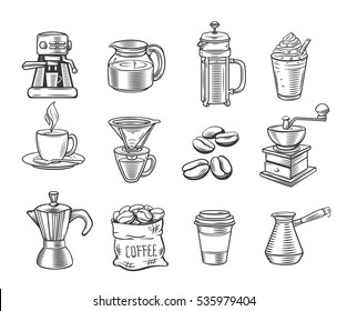 Hand drawn decorative coffee icons set. Vector icons coffee for design cafe and restaurant.