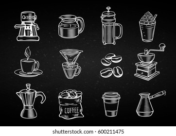 Hand drawn decorative coffee icons set. Vector icons coffee for design cafe and restaurant in chalk board style.