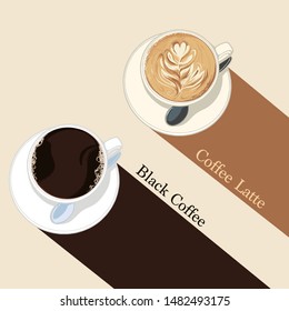 Hand Drawn decorative coffee set. Vector top view black coffee and coffee latte sketch illustration with flat style.