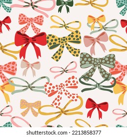 Hand drawn decorative color bows seamless pattern. Bow page decoration, packaging, invitation elements, Christmas, Valentine, birthday, holiday gift wrapping elements