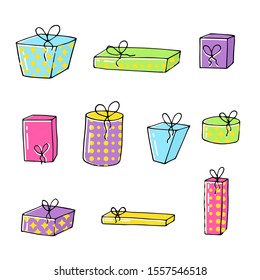 Hand drawn decorative color vector  gift boxes. Cute outline illustration of gift box present, greeting collection.