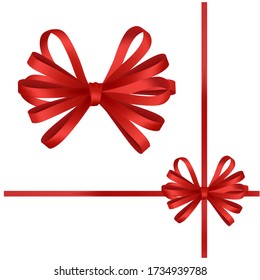 Hand drawn decorative colored red bow ribbon. Bow page decoration, packaging, invitation elements, Christmas, Valentine, birthday, holiday gift wrapping elements