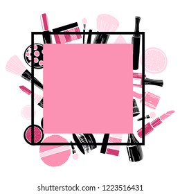 Hand drawn decorative cosmetics for makeup.Vector frame.