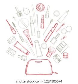 Hand drawn decorative cosmetics for makeup.Vector sketch  illustration.