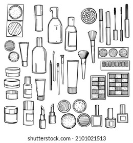 Hand drawn decorative cosmetics for makeup.Vector sketch  illustration.
