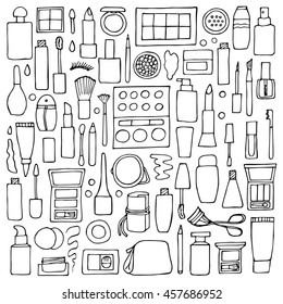 Hand drawn decorative cosmetics set. Doodle make up elements
