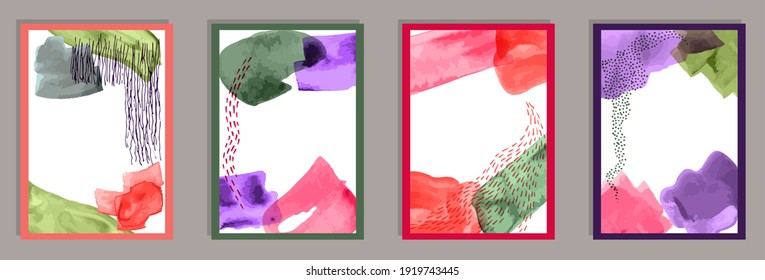 Hand drawn decorative covers vector set. Watercolor splashes texture. 60s style frames. Stylish house decor templates. Scribble elements.