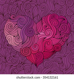 Hand drawn decorative curled graphics vector heart background