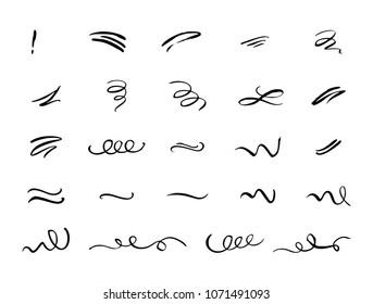 Hand drawn decorative curls, swirls, flourishes and text calligraphy dividers collection. Vintage design elements. Vector ink brush illustration.
