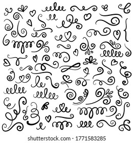 Hand drawn decorative curls and swirls. A collection of vintage vector design elements. Ink illustration