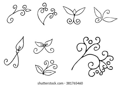 Hand drawn decorative curls and swirls collection. Vintage vector design elements. Ink illustration.