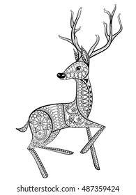 Hand Drawn Decorative Deer. Vector illustration in zentangle style. Sketch for New Year posters and greeting cards, adult anti stress coloring pages, tattoo. Christmas collection