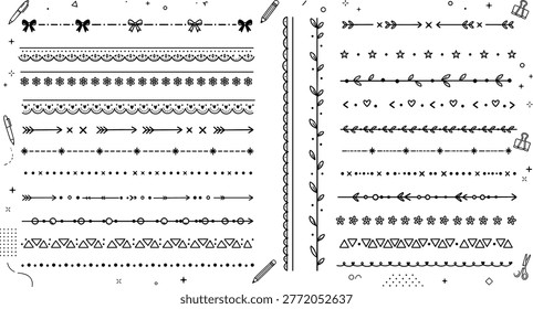 Hand drawn decorative divider lines set, doodle borders, arrows, floral ornaments, hearts, stars, lace separators, geometric and dotted elements for stationery and design on transparent background - Powered by Shutterstock - Get 15% off with code: PIKWIZARD15