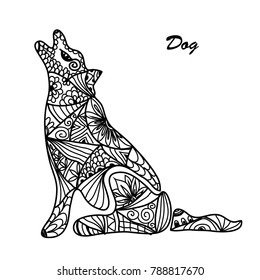 Hand drawn decorative dog, design element. Can be used for cards, invitations, scrapbooking, print, fabric, gift wrap, manufacturing, posters. Animal theme. Symbol of 2018