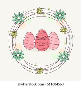Hand Drawn Decorative Easter Wreath with Flowers and Easter Eggs, Vector Illustration. 