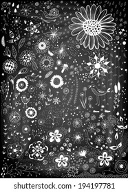 Hand -drawn decorative elements for design. Set of various stylized flowers, leaves, beetles, birds, snails, butterflies  isolated on chalkboard background.