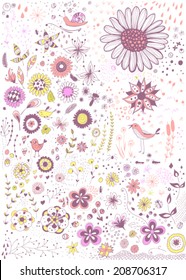 Hand -drawn decorative elements for design. Set of various stylized flowers, leaves, beetles, birds, snails, butterflies  isolated on white background.