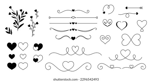 Hand drawn decorative elements with heart motif. Shapes, lines, arrows and swirls to decorate and frame. Vector illustrations.