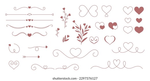 Hand drawn decorative elements with heart motif. Shapes, lines, arrows and swirls to decorate and frame. Vector illustrations.