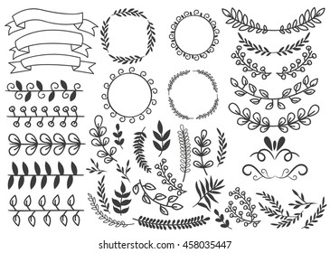 Hand drawn decorative elements set with floral ornaments wreaths leaf and swirls ribbons vignettes isolated vector illustration