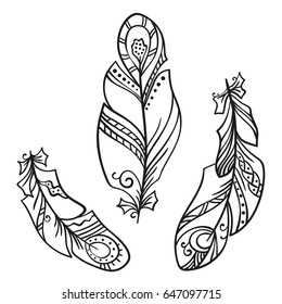 Hand drawn decorative feathers closeup isolated on white background. Boho style vector illustration, Page for adult coloring book