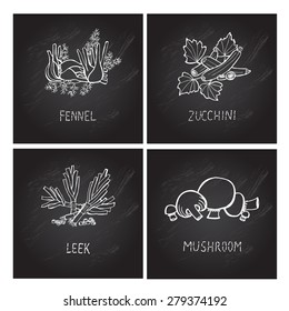 Hand drawn decorative fennel, zucchini, leek, mushrooms, design elements. Can be used for cards, invitations, gift wrap, print, scrapbooking. Kitchen theme. Chalkboard background. Sketch