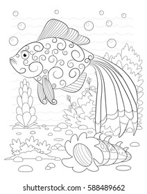 Hand drawn decorative fish in the waves and with seaweed stress Coloring Page with high details, isolated on pattern background, illustration in zentangle style.