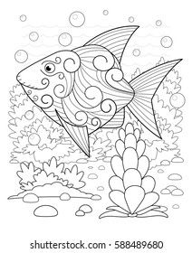 Hand drawn decorative fish in the waves and with seaweed stress Coloring Page with high details, isolated on pattern background, illustration in zentangle style.