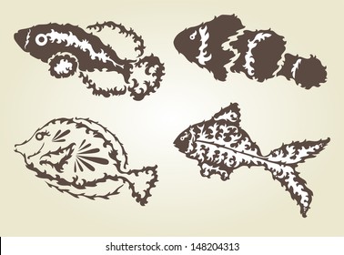 hand drawn decorative fishes, design elements